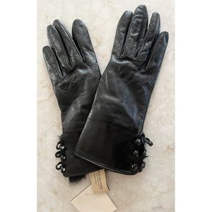 Fownes Black Leather & Black Rabbit Fur Buttoned Mid-Length Gloves 6.5 NWT